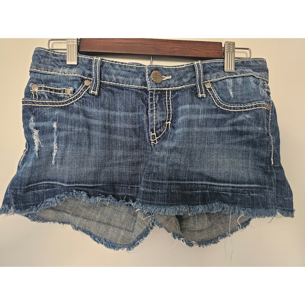 [Y2K Western] BKE Stella Denim Shorts Womens 27 Blue Contrast‎ Stitch Frayed Hem